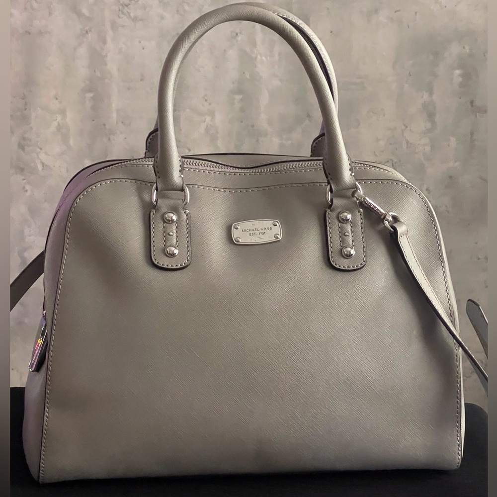 Michael Kors Light Gray Saffiano Medium Satchel Shoulder Crossbody Handbag